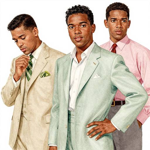 Digital illustration of three African-American men in suits; front man in light blue, middle in white with green tie, back man in pink shirt and gray
