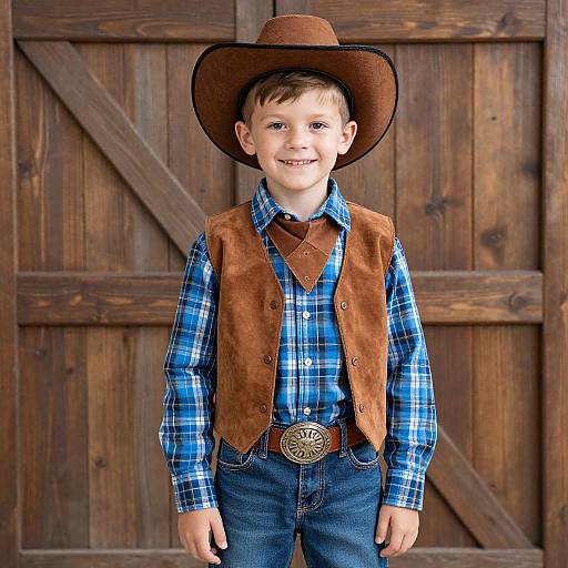 Photograph of a smiling young boy in a brown cowboy hat, blue plaid shirt, brown vest, and jeans, standing in front of a wooden