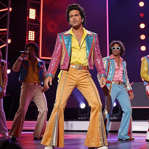 Photograph of a male performer in a vibrant, sequined jacket (pink, blue, yellow) and flared orange pants, singing on a brightly