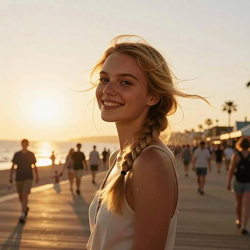 Photograph of smiling blonde woman with braided hair in white tank top at sunset on crowded beach boardwalk with palm trees.