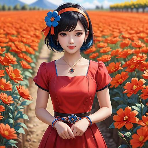 Smiling Asian Woman in Red Dress