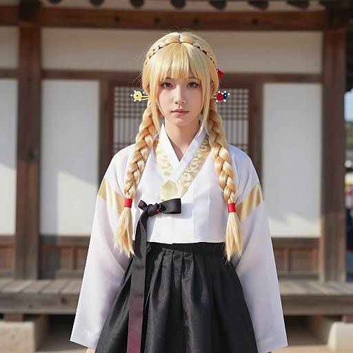 Asian Woman in Traditional Hanbok with Blonde Braids
