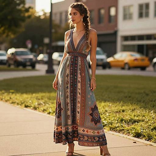 Photograph of a woman with long braided hair wearing a bohemian-style, deep V-neck, patterned maxi dress, standing on a sunny