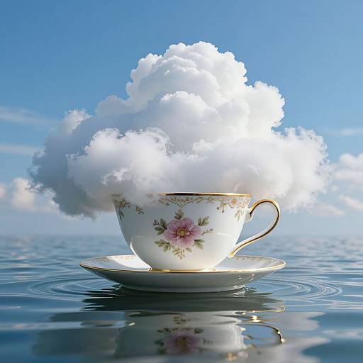 Photograph of a white floral teacup with pink roses, filled with fluffy white clouds, floating on calm blue water under a clear sky.