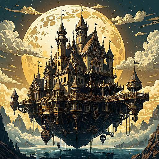 Steampunk Floating Castle Beneath Full Moon