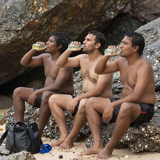 Shirtless Men Relaxing on Rocky Beach