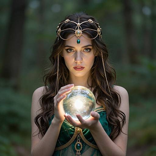 Photograph of a fair-skinned woman with long dark hair, wearing an intricate gold headpiece, green dress, holding a glowing orb in a forest