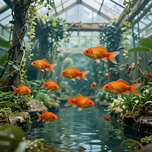 Photograph of vibrant orange goldfish swimming in a serene, lush greenhouse stream with green plants and a glass-roofed structure.