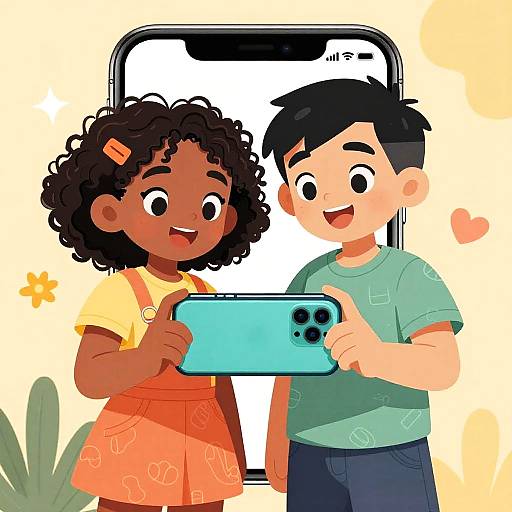 Cartoon illustration of a dark-skinned curly-haired girl in an orange dress and a light-skinned boy in a green shirt, holding a blue tablet