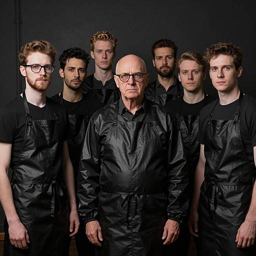 Group of Men Wearing Black Plastic Aprons