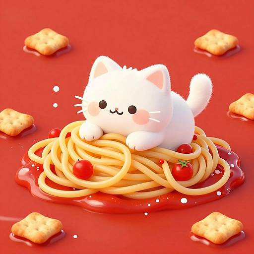 Cute digital illustration of a white chibi cat with a smiling face, sitting on a plate of spaghetti with cherry tomatoes and sauce, surrounded by square