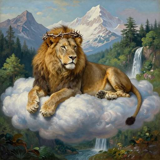 Digital painting of a majestic lion with a crown of thorns, lying on a cloud above a forested valley with a waterfall and snow-capped mountains