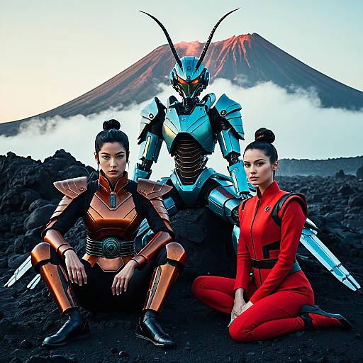 Futuristic Samurai Couple with Mechanical Dragonfly and Robot Alien