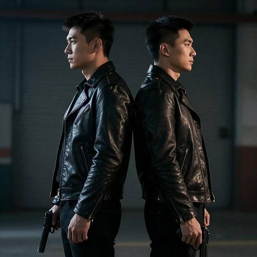 Two Men in Leather Jackets Holding Guns Back-to-Back