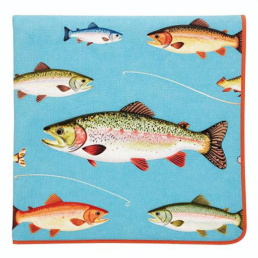 Colorful illustration of six fish with varied patterns and colors swimming in a bright blue background, bordered by a red frame.