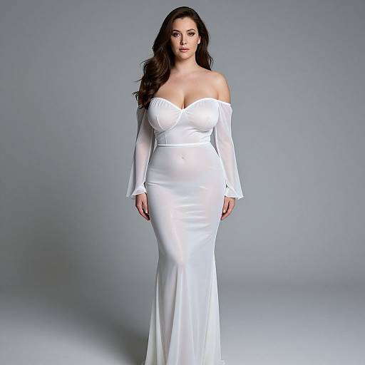 Photograph of a curvy woman with long dark hair wearing an off-shoulder, white, satin, long-sleeve evening gown against a
