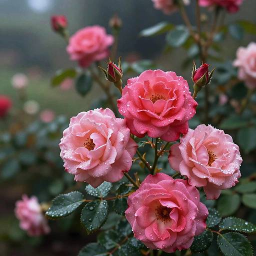 Close-up photograph of pink roses with dewdrops, vibrant petals, and green leaves, set against a blurred, foggy garden background.