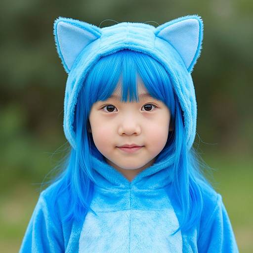 Photograph of a young Asian girl with bright blue hair and cat ears, wearing a blue cat costume, smiling softly against a blurred green outdoor background.