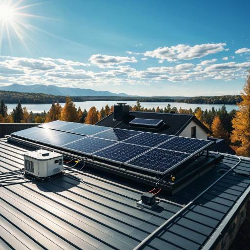 Solar Panels on Modern Home Rooftop Overlooking Lake