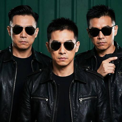 Three men in black leather jackets with sunglasses