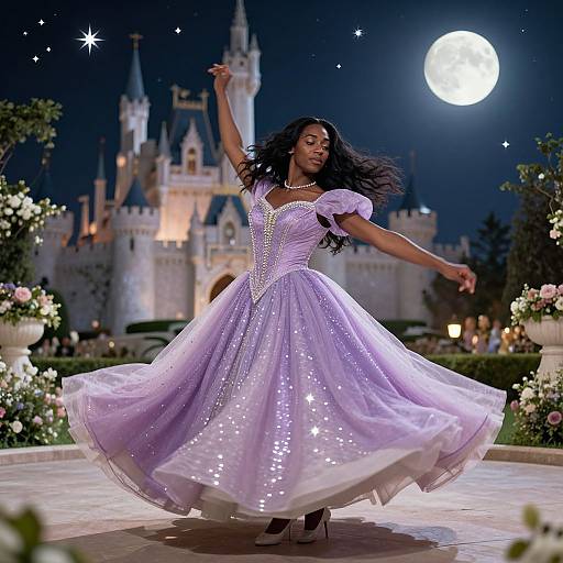 Photograph of a Black woman in a sparkling lavender ball gown, twirling under a full moon, with a fairy-tale castle and flower-filled gardens