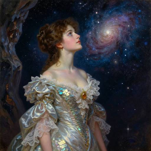 Digital painting of a fair-skinned, brown-haired woman in a shimmering, off-shoulder, lace-trimmed gown, gazing at