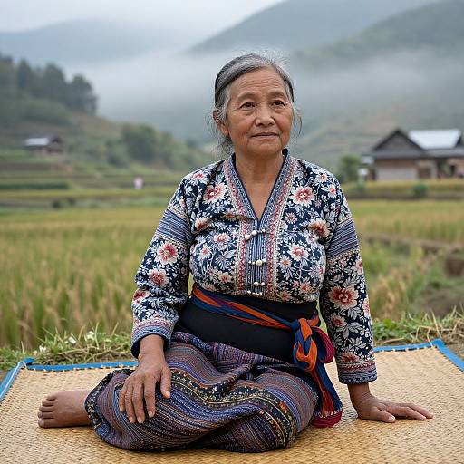 Photograph of an elderly Asian woman with gray hair, wearing a floral-patterned, traditional, blue and white kimono, seated on a woven mat