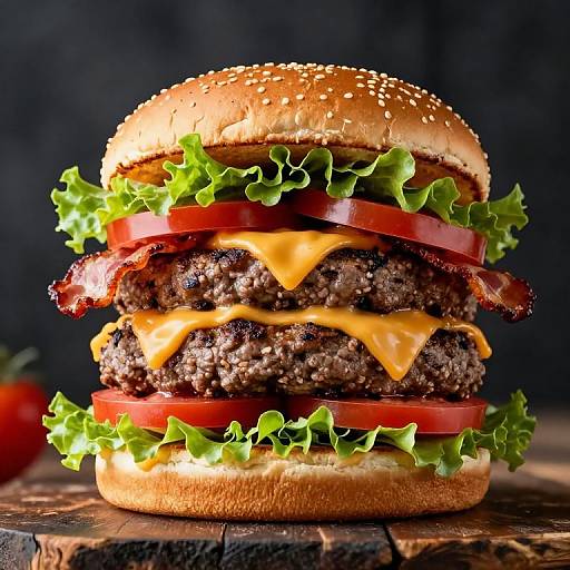 Photograph of a double cheeseburger with sesame seed bun, lettuce, tomato slices, melted cheese, bacon, and beef patties on a wooden table