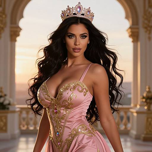 Photorealistic digital image of a beautiful, dark-haired woman with long curls, wearing a pink, gold-embellished gown and a jeweled