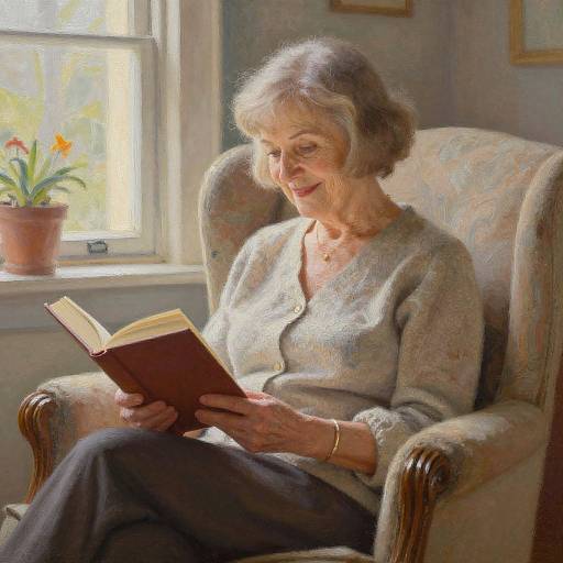 Elderly woman with short gray hair, wearing a light gray cardigan and black pants, sits in a floral armchair reading a book by a