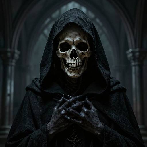 Photograph-like digital art of a grim reaper with a skeletal face, black hooded robe, and bony hands clasped, standing in a