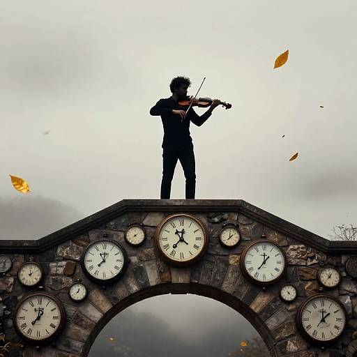 Silhouetted violinist stands atop a clock arch, surrounded by flying autumn leaves, against an overcast sky. Photograph.