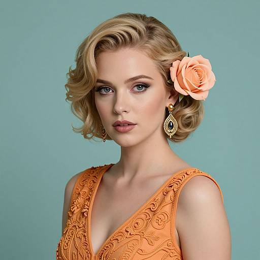 Photograph of a blonde woman with short, wavy hair, wearing an orange, embroidered dress, and a peach rose hairpin, against a teal