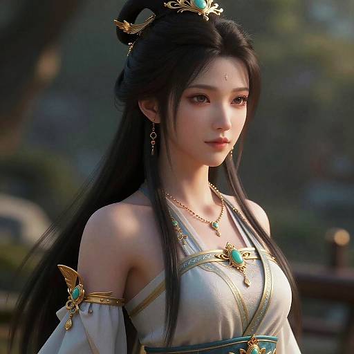 Digital art of an East Asian woman with long black hair, wearing an ornate white dress with gold and turquoise jewelry, in a forested background.