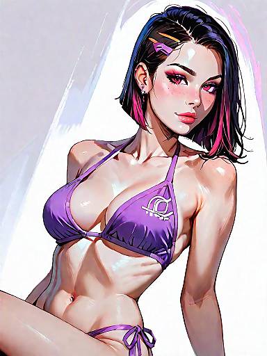 Anime Girl in Neon Orange and Purple Bikini