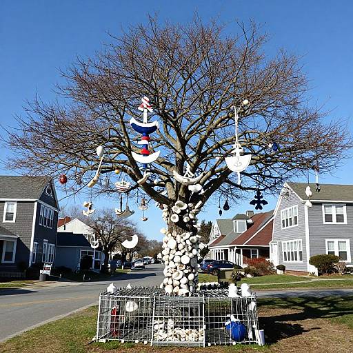 Photograph of a leafless tree adorned with Christmas ornaments, including snowmen, bells, and Santas, in a suburban neighborhood with gray houses.