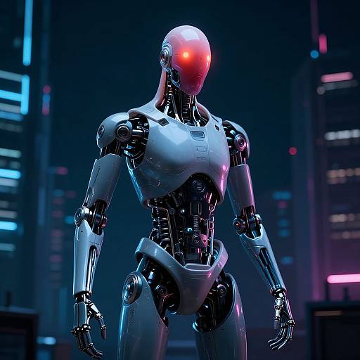 CGI image of a futuristic, silver robotic humanoid with a red glowing eye, standing in a dark, neon-lit cityscape.