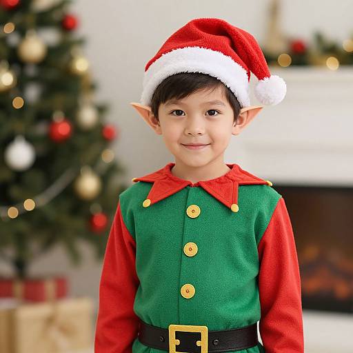 Photograph of a young boy with elf costume, red and green outfit, Santa hat, smiling, in festive living room with Christmas tree.