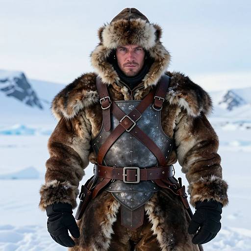 Photograph of a muscular man in fur-lined Viking armor with a fur hood, standing in snowy landscape, with rugged mountains in background.