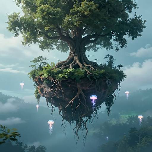 Digital artwork of a floating tree island with roots, surrounded by glowing jellyfish, set against a misty, blue sky. Fantasy style.
