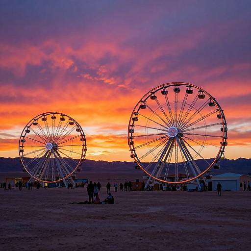 Photograph of a vibrant sunset with two large, brightly lit Ferris wheels silhouetted against a purple and orange sky, people gathered on a