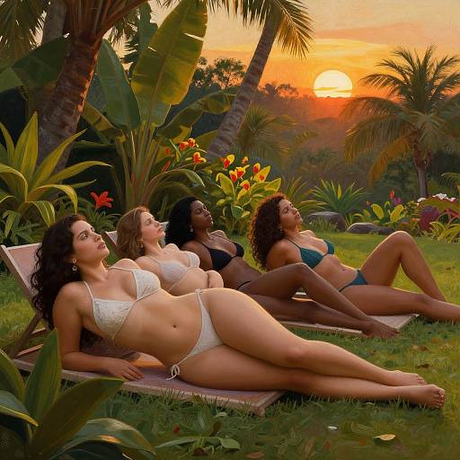 Elegant Curvy Women in Tropical Garden