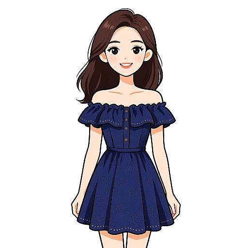 Digital anime-style drawing of a smiling young woman with long brown hair, wearing an off-shoulder navy blue dress with buttons.