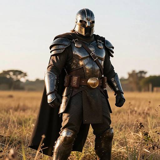 Photograph of a medieval-style armored warrior in shiny black metal armor, wearing a helmet with a face guard, standing in a sunlit, grassy