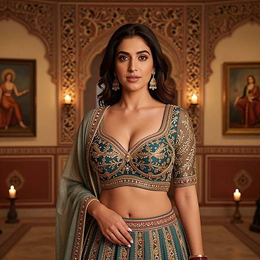 Photograph of an Indian woman with medium skin tone and dark wavy hair, wearing an ornate, teal and gold traditional crop top and skirt,