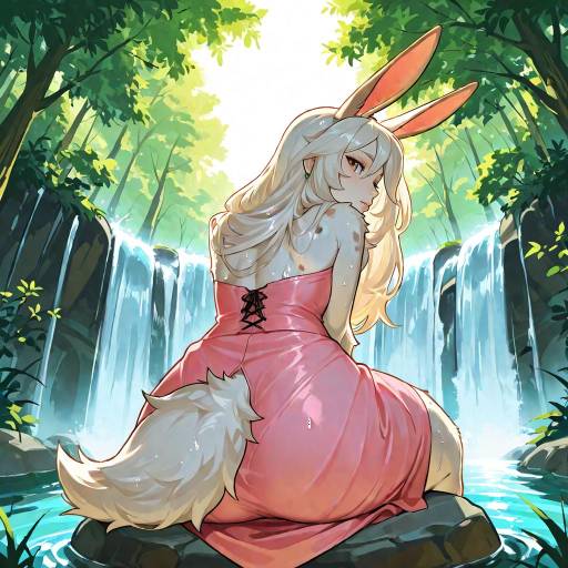 Serene Bunny Girl by the Waterfall