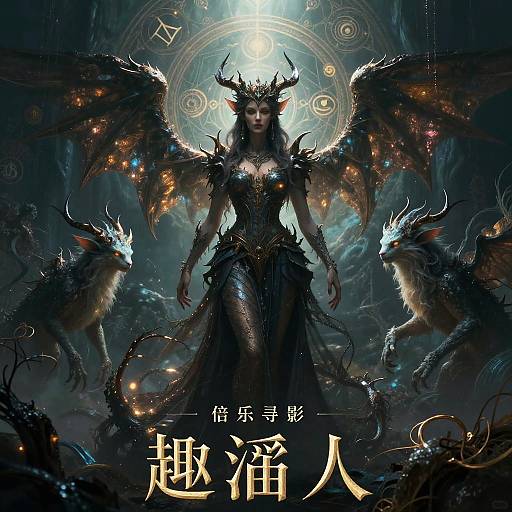 Digital fantasy artwork of a dark, horned, winged queen with glowing eyes, surrounded by ethereal, dragon-like creatures, set against a cosmic