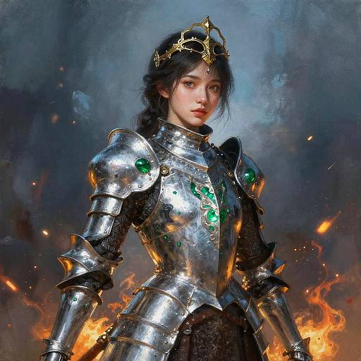 Digital painting of a beautiful, fair-skinned woman with black hair in detailed, shiny silver armor adorned with green gems, crowned with a gold tiara