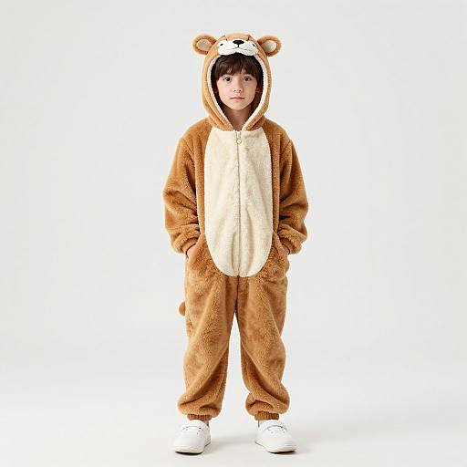Photograph of a young boy standing in a full brown bear onesie with white chest, bear ears, and white sneakers.