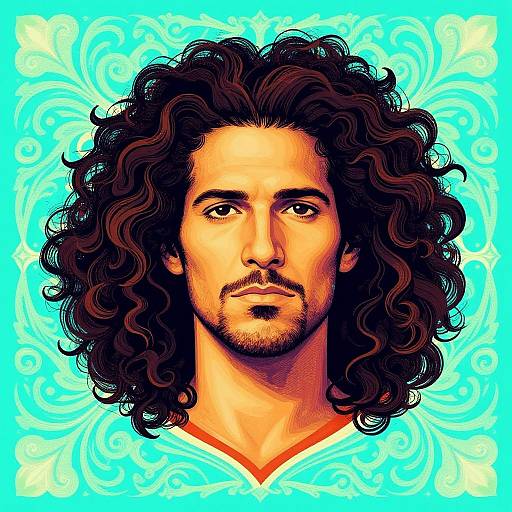 Digital illustration of a handsome man with curly brown hair, brown eyes, and a trimmed beard, set against a vibrant turquoise background with white floral patterns.